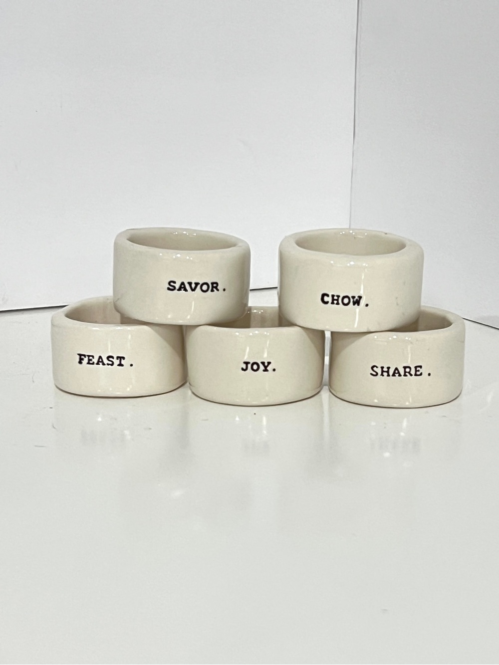 RAE DUNN Ceramic Stoneware Napkin Rings - White (Set of 5)